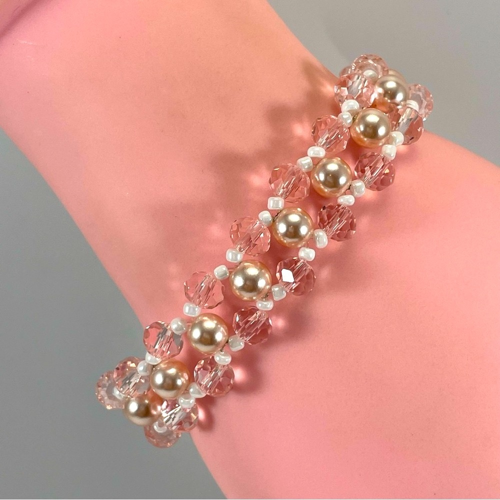 Artisan Handmade Crafted Pink White Glass Beaded Woven Bracelet Boho Timeless